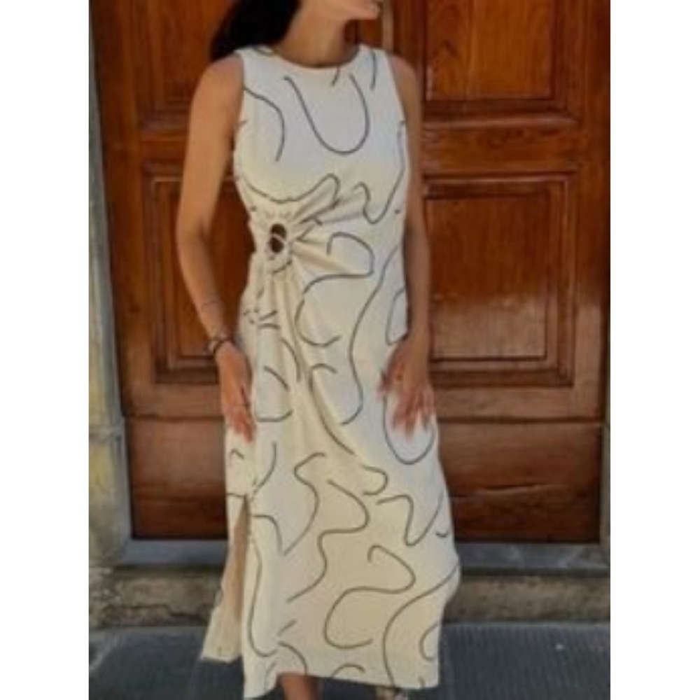 Magaschoni Womens Linen Abstract Print Midi Dress Size 6 Artsy Minimalist Modern